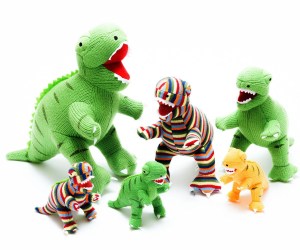 knitted green t Rex rattle baby dinosaur toy